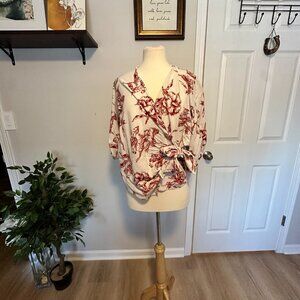 Zara Linen Blend Floral White Red Wrap Blouse